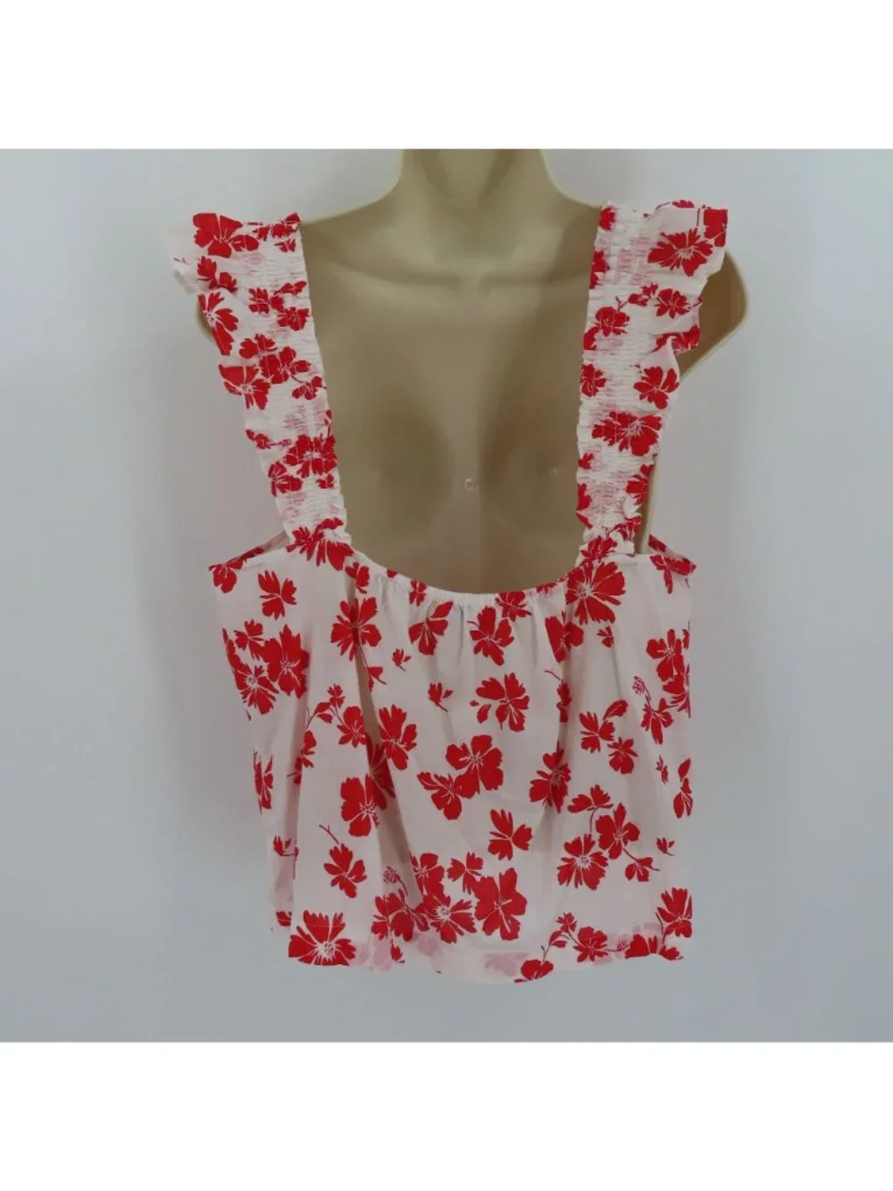 J Crew Women Large Red White Hibiscus Tropical Flower Ruffle Sleeve Tank Top NEW
